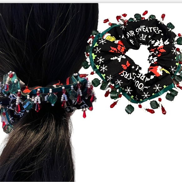 Christmas Grinch Scrunchie, Hair Accessory |Handmade Gift, Hair Tie, glass beads - Picture 2 of 14